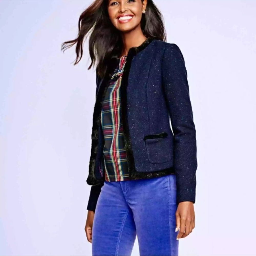Talbots Wool Blend Fur Trimmed Jacket Blazer in Speckled Blue Size 2 - Picture 3 of 8